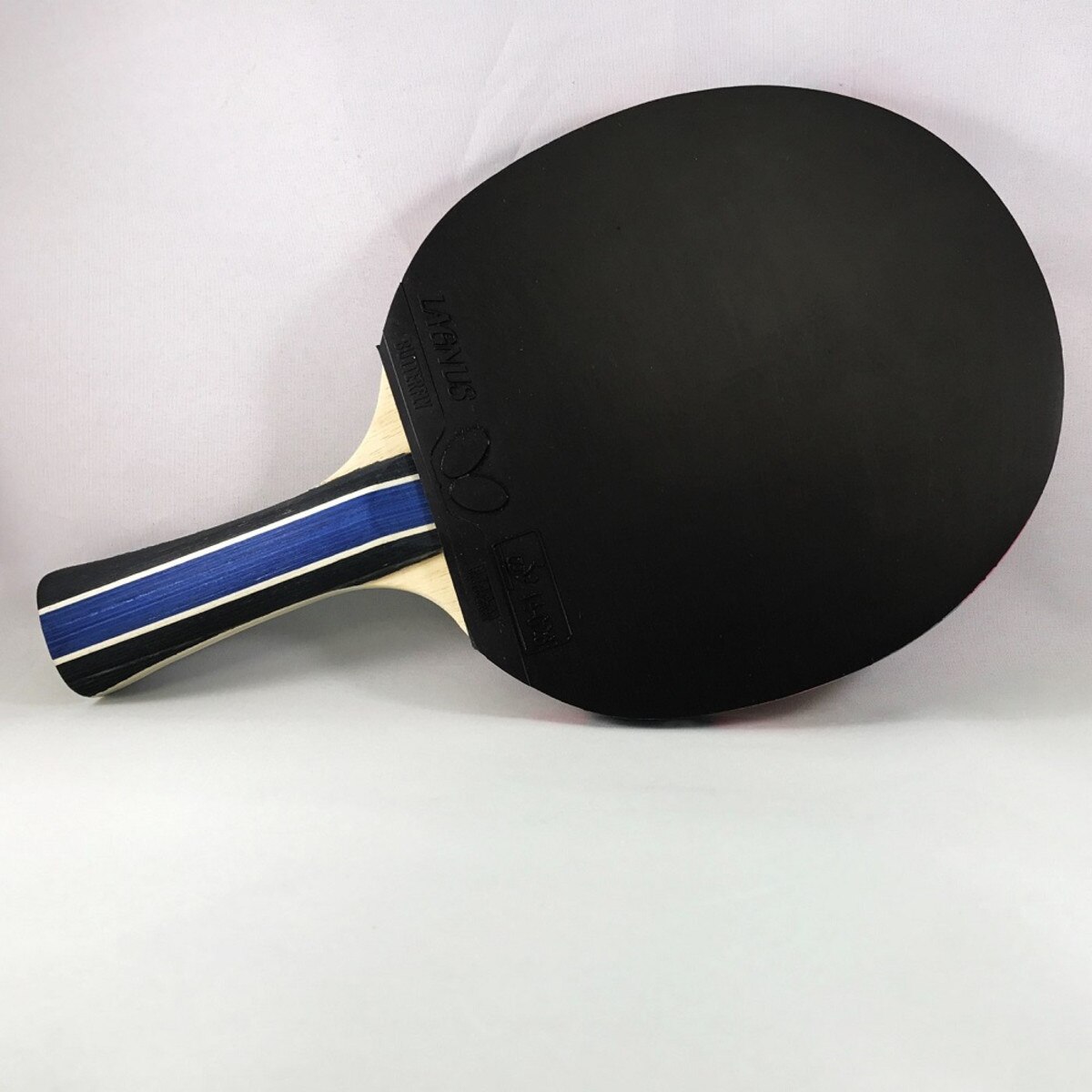 Butterfly RDJ S5 Racket: Diagonal View of Black Rubber